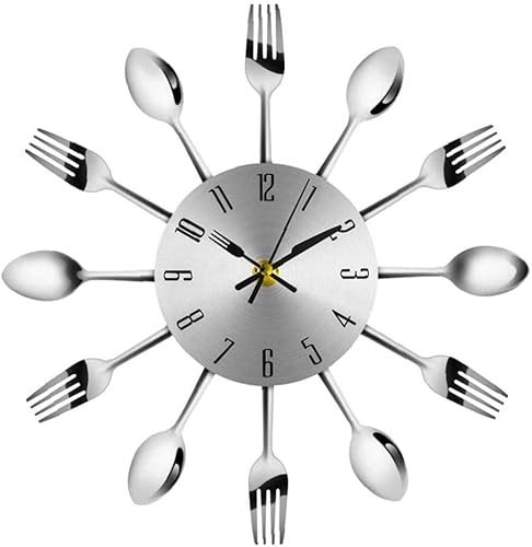 Reloj de pared de estilo moderno con cuchara de tenedor de acero inoxidable silencioso para cocina, restaurante, decoración del hogar, 1 ud
