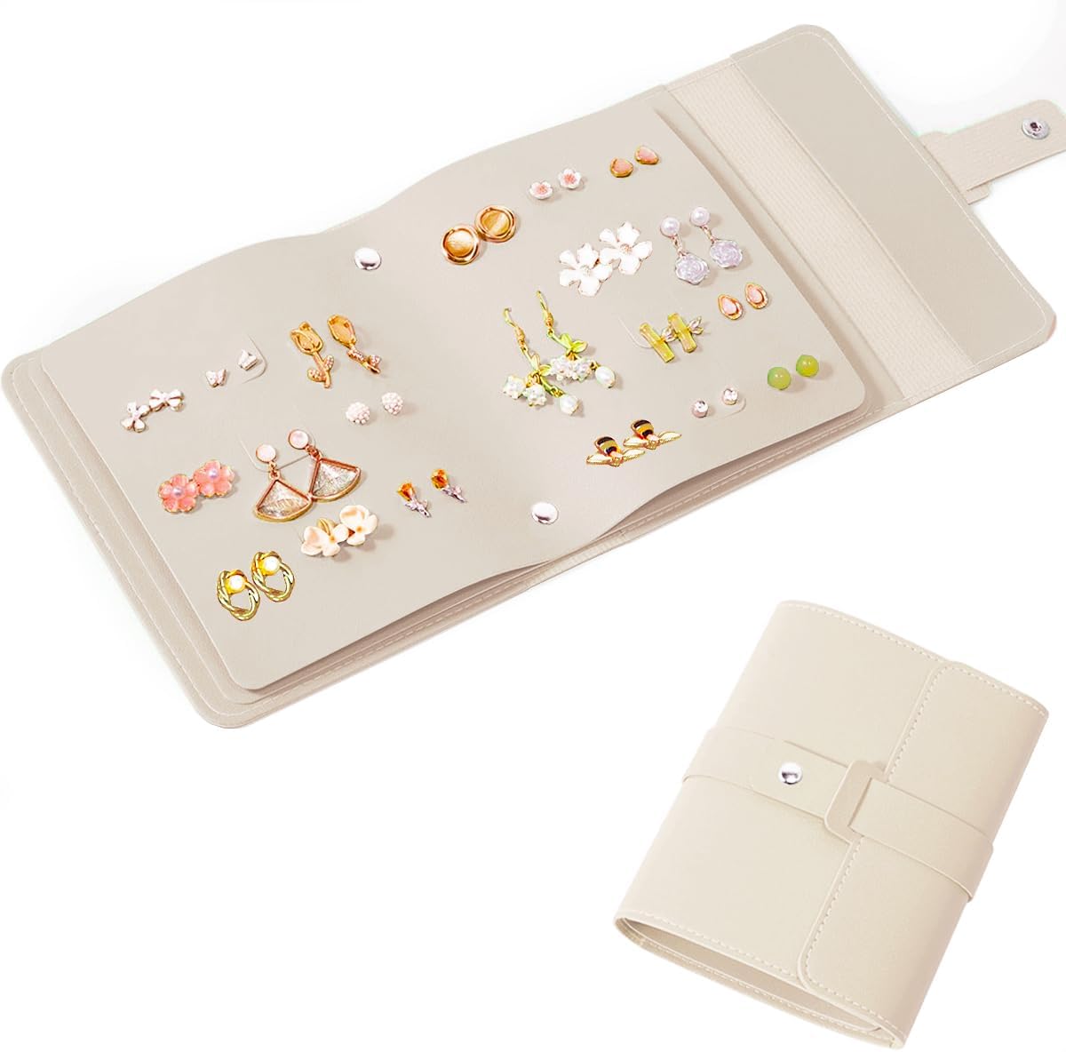 QBestry Earring Holder Organizer Book for Travel, 42 Pairs Stud Earrings Organizer with Staggered Holes & Snap, Waterproof PU Leather Earring Storage Case Portable Earrings Book for Women Girls -Beige