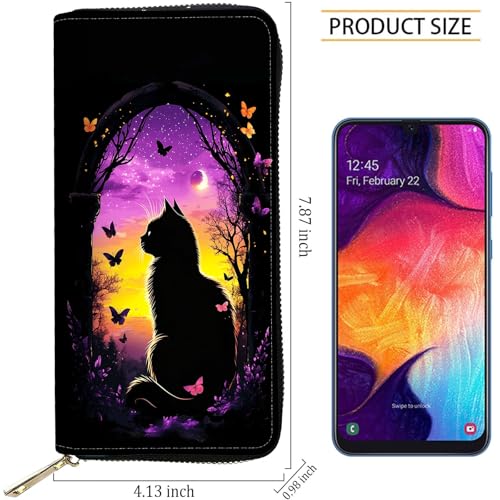 Image of RFID Blocking Leather Wallet for Women - Large Capacity Zip Around Clutch with 8 Card Slots,22 Cash Pockets & Coin Zipper,Cute Cat