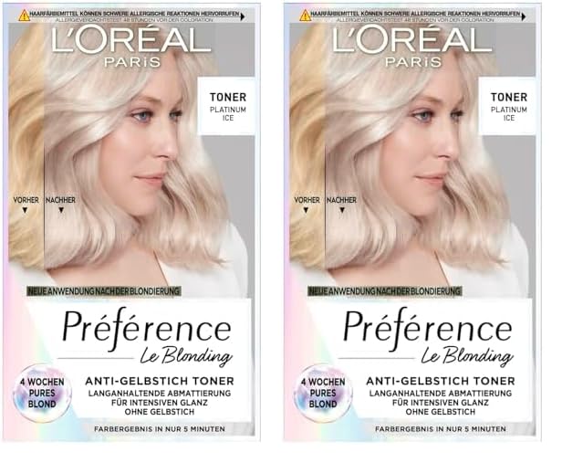 L'Oréal Paris Haartoner, Anti-Gelbstich für kühles Blond und intensiven Glanz, Ohne Ammoniak, Préférence Le Blonding, Platinum Ice (Packung mit 2)