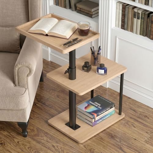 Image of Faesun C Table End Table Adjustable Height, 360Swivel TV Tray Table for Small Spaces, Small Nightstand for Living Room, Bedroom, Oak