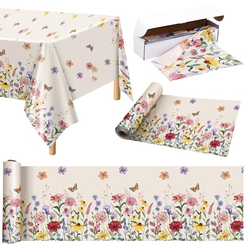 Image of Kochorie 100 Ft x 54 Inch Spring Floral Tablecloth Roll Plastic Flower Tablecloth Roll Wildflower Butterfly Disposable Table Cover for Spring Tea Party Supplies Birthday Wedding Party Decorations