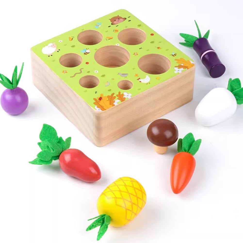 Juguete Montessori de Madera para Cosechar Verduras, Juguete Encastre de Zanahoria, Rábano y Piña
