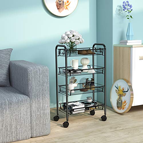 JEKOSEN 4 Tier Metal Rolling Cart Mesh Wire Storage Carts with Wheels Utility Cart Organizer for Kitchen, Home, Office 4 Wire Baskets Lockable Wheels Black