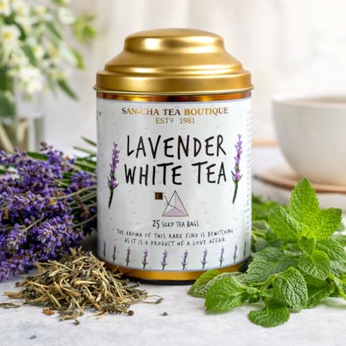 Image of Sancha Tea Boutique, Lavender White Tea, 25 Pyramid Tea Bags | Calming Floral Blend of White Tea, Lavender & Mint | Antioxidant-Rich Relaxation Tea