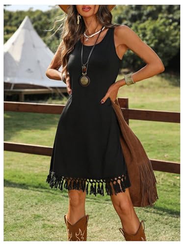 Women's Boho Tassel Tank Dress Western Cowgirl Fringe Scoop Neck Sleeveless Vacation Dresses3