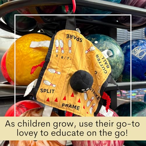 Image of Baby Jack & Co 10x10 Bowling Sports Lovey Sensory Plush Blanket - Tag Toys for Babies - Baby Stroller Toys - Learn Shapes, Letters & Colors - Perfect MVP Baby Toy & Baby Sports Gift w /Stroller Clip