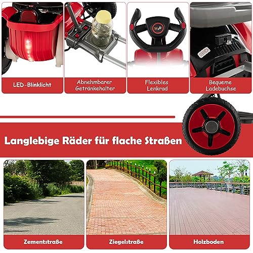 GOPLUS 12V Elektrisches Kinderfahrzeug, Gokart mit verstellbarem Lenkrad und Sitz, LED-Lichter, Klappbares Design, Tretauto zum Reiten für Jungen und Mädchen von 2-5 Jahren (Rot) – Bild 8