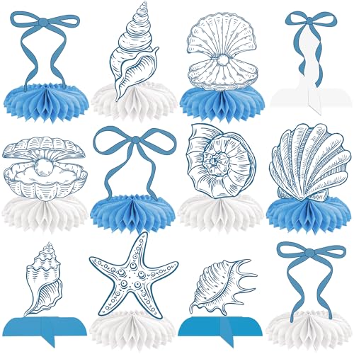 Blue Bow Starfish and Seashell Honeycomb Centerpieces 12PCS Ocean Coastal Bachelorette Party Decorations Nautical Beach Table Centerpieces Conch Table Decor for Under The Sea Wedding Party Supplies