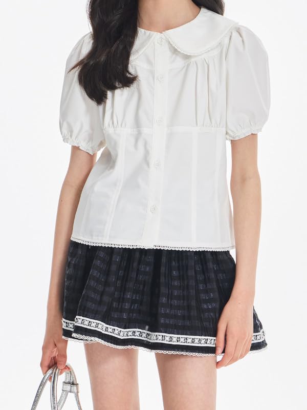 Girls Short Sleeve Bubble Sleeve Blouse,Lace Trim Round Neck Summer Top,Ruffled Hem Princess Shirt Girls Clothing 8-9Y White2