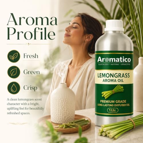 Image of AROMATICO Lemongrass Diffuser Oil with Strong,Long-Lasting Aroma. Light,Citrusy,Stress Relieving Oil for Homes,Offices & Showroom. Aromatherapy,Diffusers, Purifiers,Vaporizers - 1 L (1000 ml)