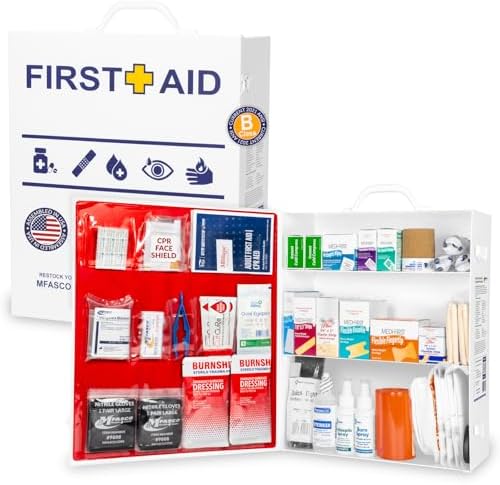 MFASCO OSHA/ANSI 2021 Class B Compliant First Aid Cabinet – Large 3-Shelf Wall Mount Kit for Office, Commercial Businesses – Complete Metal First Aid Box with Supplies – No Medications MFASCO OSHA/ANSI 2021 Class B Compliant First Aid Cabinet – Large 3-Shelf Wall Mount Kit for Office, Commercial Businesses – Complete Metal First Aid Box with Supplies – No Medications