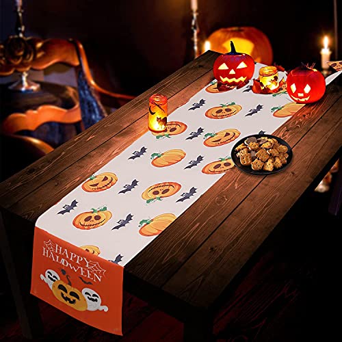 QoeCycth Halloween Pumpkin Ghost Orange Table Runners, Polyester Table Runner Dresser Scarves, Rectangle Table Setting Decor for Halloween Party, Dinner Parties and Home Decorations,13.87x70.87 Inch