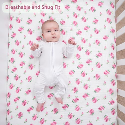 Image of LollyBanks Muslin Crib Sheet, 100% Cotton Fitted Crib Sheets for Girls | Airy gentle-touch fabric, 360 elastic edge for a secure fit on 52 x 28 in standard mattresses (Rosebud)