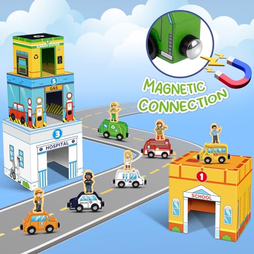 Aizweb Toddler Sorting&Stacking Toys with Magnetic Wooden Vehicle,Cars&Community Helpers,STEM Building Blocks,Educational Learning Montessori Gifts for 1 2 3 Year Old Boys Girls Preschool Kindergarten - Image 3