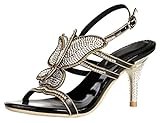  Honeystore 2017 Neuheiten Frauen Kunstleder Stöckel Absatz Schmetterling Sandalen Slingpumps mit Strass Schuhe Schwarz 34 EU