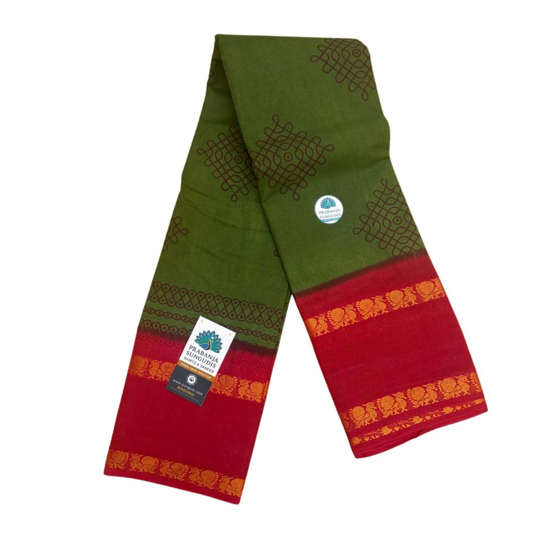 Sungudi Sarees, Cotton Saree, Forest Green with Red Border, Traditional Kolam Design without Blouse, Sungudi Kolam Rettaipadai Cotton Saree-picture-22