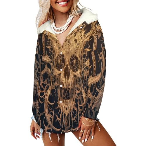 Veste polaire femme avec capuche manteau sherpa brun arbres tordus