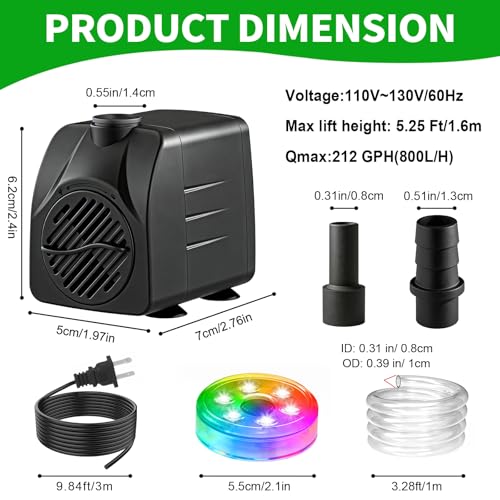 Image of 210GPH Submersible Water Pump, 15W Ultra Quiet Small Fountain Pump with LED Lights and 3.28 ft Tubing, 2 Nozzles for Outdoor Pond, Water Feature, Aquarium, Fish Tank, Hydroponic, Statuary