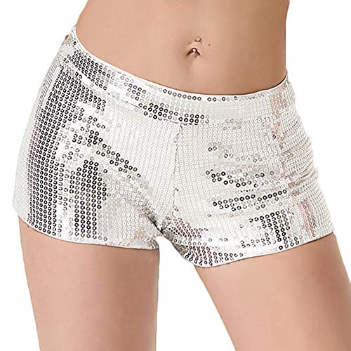 JUST BEHAVIOR Sequin Shimmer Sexy Rave Booty Shorts Hot Club Party Metallic Shorts for Women (Silver, XL)