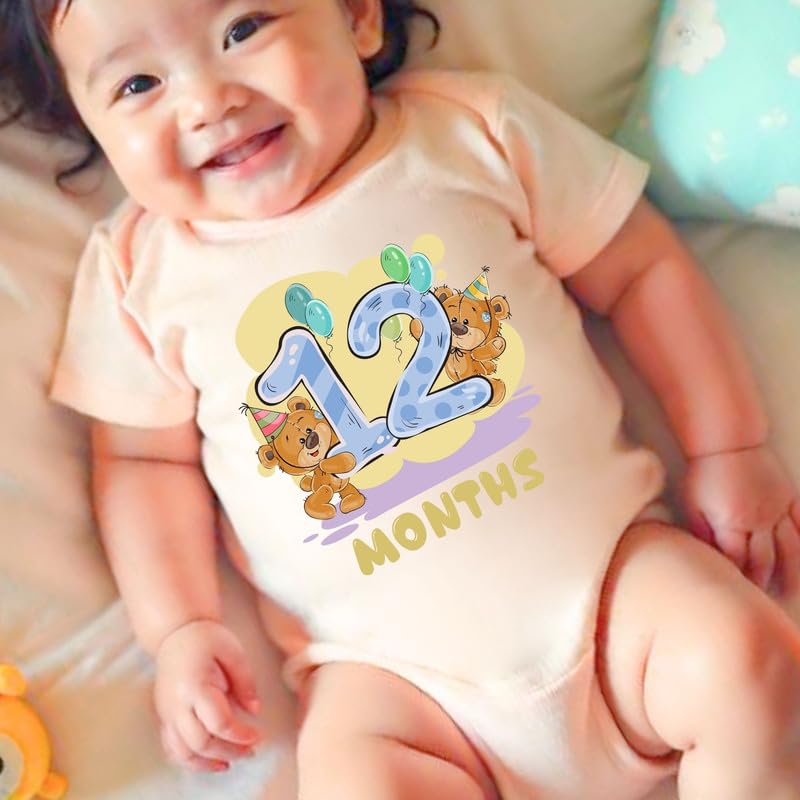 Image of Knitroot Monthly Birthday Teddy Special, Newborn Baby Half Sleeve Unisex Romper, Onesies, Sleepsuit, Body Suit, Envelope Neck, 1 to 12 Months Print, 0-12 Months, Infant Cloth for Boys & Girls