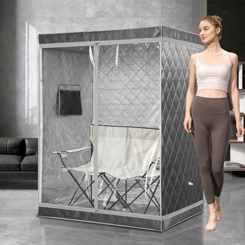 Image of Full Size 2 Person Sauna Tent, Portable Steam Sauna Tent for Home, 1 or 2 Person Foldable Lightweight, Full Body Sauna Tent for Relaxation, Steamer Not Included, 2 Person Foldable Chair