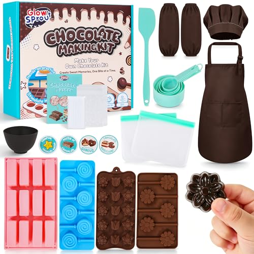 Glowsprout Chocolate Making Kit for Kids Ages 6+ Real DIY Chocolate Tools with 5 Molds (Flower Tulip Lollipop Bar Round) Adjustable Chef Apron+Hat+Sleeves Visual Recipes STEM Gift