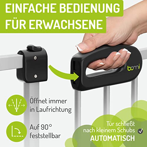 BOMI Schutzgitter Merle | Hoch 107 cm | Ohne Bohren | Schließt automatisch | Kindergitter Metall-Türschutzgitter weiß ohne Bohren | Automatisches Schließen des Türgitters | Breite: 143-151 cm