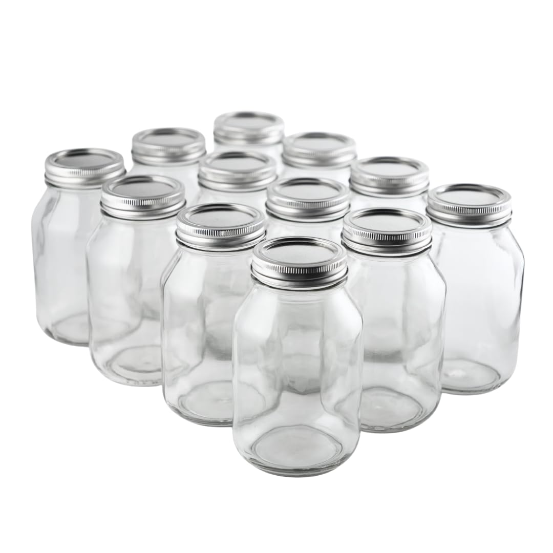 FastRack 32 oz Regular Mouth Mason Jars with Lids – Pack of 12 Quart Canning Jars | Empty, Reusable Airtight Large Glass Mason Jar for Food Storage,