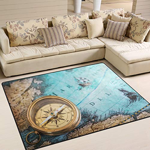 Use7 Teppich, Motiv: alter Kompass auf Weltkarte, für Wohnzimmer, Schlafzimmer, Textil, mehrfarbig,...