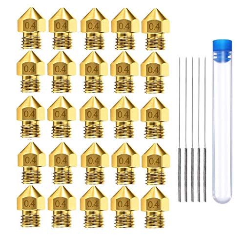 AJSPOW 25PCS 0.4mm 3D Printer Extruder Brass Nozzles for Makerbot MK8 Creality CR-10 Ender 3 3Pro 5 with 5PCS 0.4mm Stainless Steel Nozzle Cleaning Needles and Storage Box