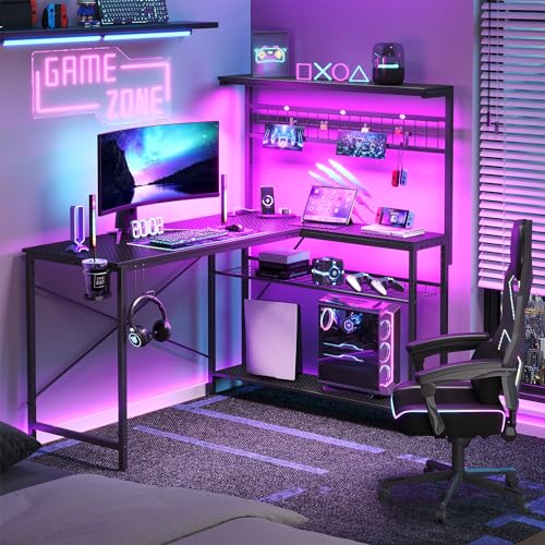 Bestier Gaming Desk 51" L-Shaped, with Power Outlets & LED Lights- 4 Tier Shelves, Reversible Gamer Table with Hooks & Cup Holder for Home Office Carbon Fiber Black Carbon Fiber Black 51 Inc