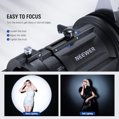 Image of NEEWER Spotlight Snoot Only for NEEWER MS60B, MS60C, MS150B, MS150C LED Video Light, Conical Snoot with 20 Projection Lens, Adjustable Focus, 16 Gobos, 5 Color Gels, Bag, LS-48
