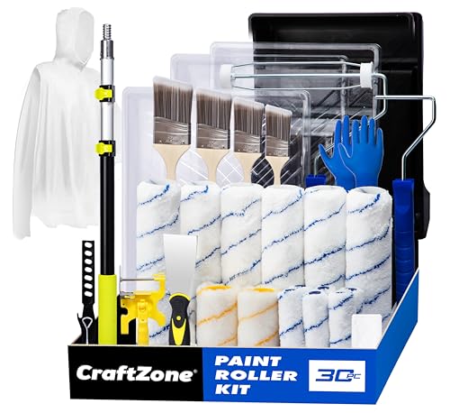 30PCS Paint Roller Kit with Extension Pole-2 to 4 FT Wall Painting Supplies with Paint Edger Roller Brush 12 House Painting Set with Rainsuit & Drop Cloth for Home|Office|Shop Professional Painting