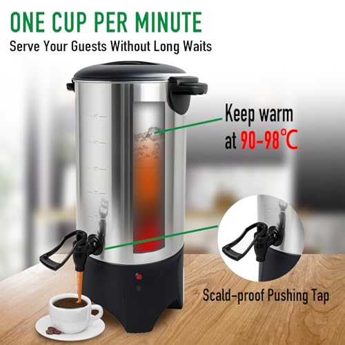 Commercial Coffee Urn, 50 Cups/7.5L Stainless Steel Large Coffee Dispenser, 1000W 120V Electric Coffee Maker Urn For Quick Brewing, Hot Water Urn with Detachable Power Cord for Easy Cleaning