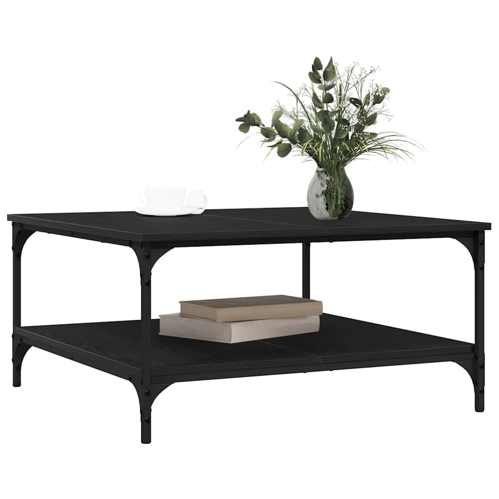 Mesa de centro negra 80 x 80 x 40 cm con estante industrial de madera y marco de hierro, diseño moderno, construcción robusta para salón, dormitorio y oficina