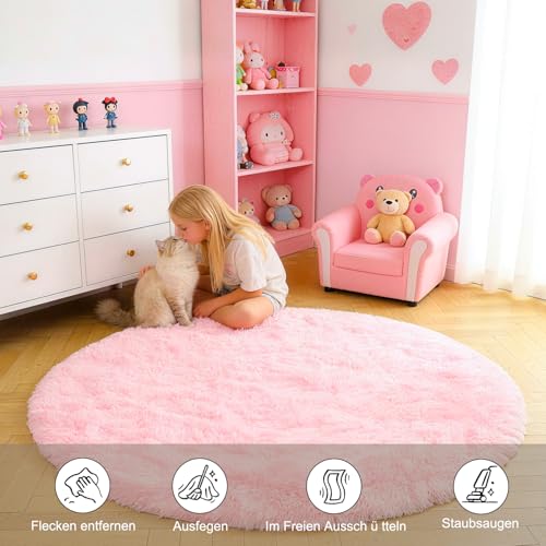 ROHATIM Teppich Rund 100 cm Rosa Waschbar Rutschfester Runder Hochflorteppich Wohnzimmer Kinderzimmer Schlafzimmer Flauschig