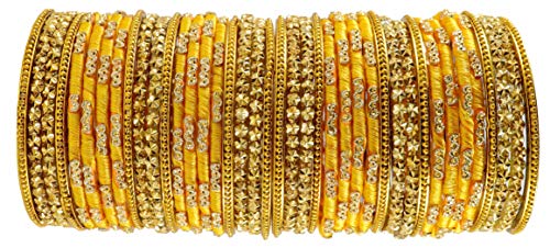 Image of NMII Silk thread Glass Bangle Set for Women (FF70-Yellow-2.2, Yellow, 2.2 Inch, 40 Bangles set)