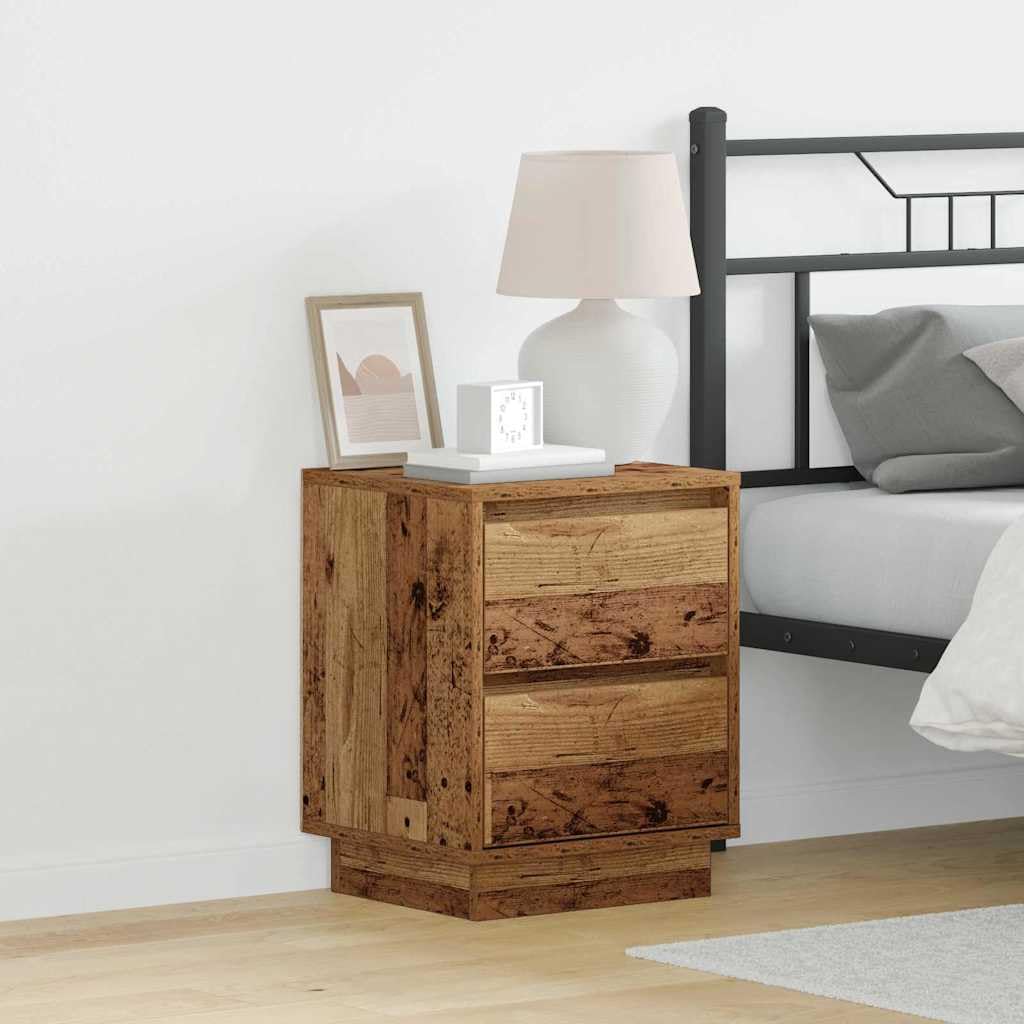 Mesita de noche con aspecto de madera envejecida, 39 x 34,5 x 50 cm, material de madera, con 2 cajones, conexión USB, iluminación LED, mesa auxiliar moderna para dormitorio, salón