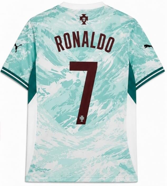 Image of Puma Portugal Ronaldo #7 Away Fan Jersey Mint Green | Moisture Wicking, Lightweight viscose Rayan, Ribbed Cuff Sleeves, Contrast Side Panel, Round Neck Comfort Fit