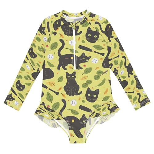 Black Cat on Yellow Girls Long Sleeve Swimsuits One Piece Zipper Bathing Suit UPF 50+ Rashguard Swimwear