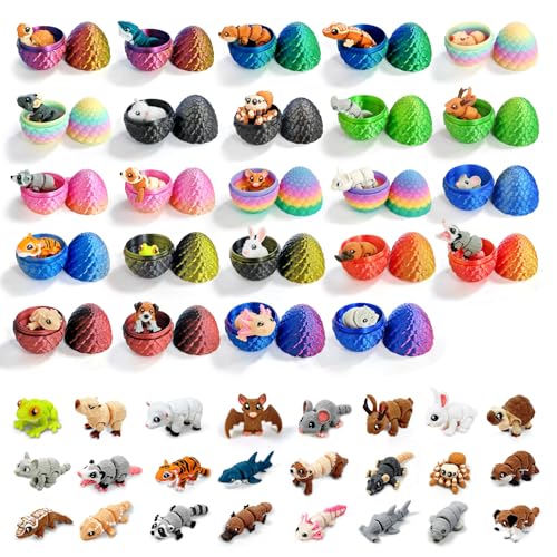 TUTHKOTH 24 Pcs Mini 3D Printed Animals in Sparkle Eggs - 1.5-2 Inch Articulated Animal Figurines with Multicolor Gradient Shells Christmas or Easter Egg Advent Calendar Collectible Display Decor