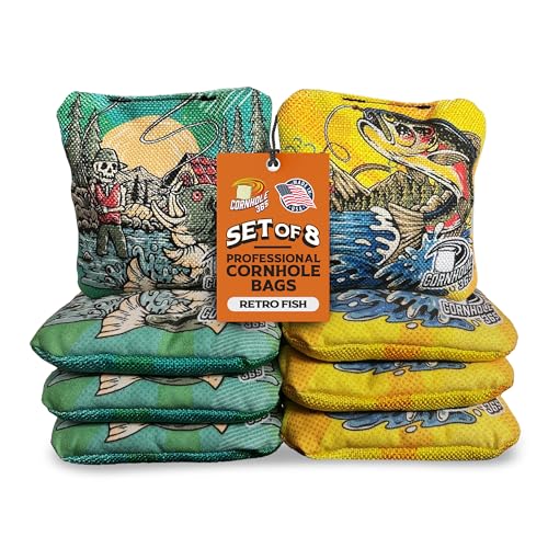 Cornhole365 Stick & Slide - Professional Cornhole Bags - Heavy-Duty Double-Stitched Polyester Fabric & Resin Filling for All-Weather - Regulation Corn Hole Bean Bags - Retro Fish Design - Set of 8