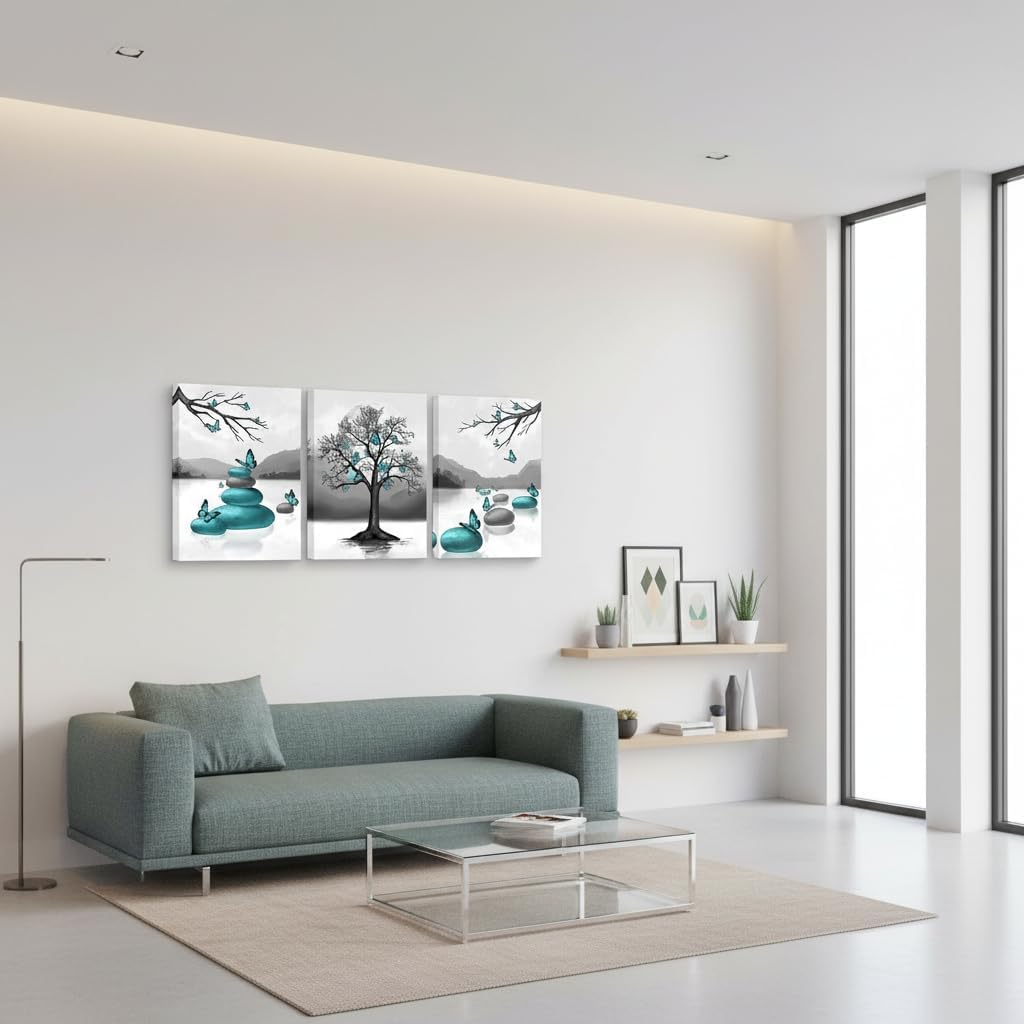 RyounoArt Teal and Grey Wall Art Zen Bathroom Pictures Teal Butterflies and Tree of Life Canvas Painting Meditation Room Wall Decor Framed 12 * 16in *3pcs (small)