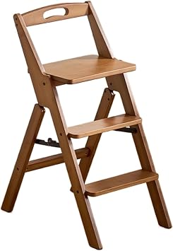 Home Multifunctional Step Stool Chair Retro Kitchen High Three-Step Ladder Stool Bamboo Foldable Bar Step Chair with Backrest Decorative Plant Shelves for Space-Saving.
