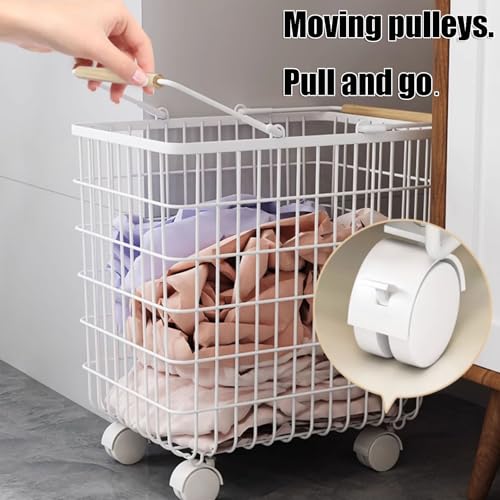 NQNFWCRJ Cesto Metálico de La Ropa Sucia con Ruedas Asas de Madera en Ambos Lados Cesto Ropa Sucia Gran Abertura con Orificios de Ventilación Diseño de Rejilla Cesta Ropa Sucia - imagen 4