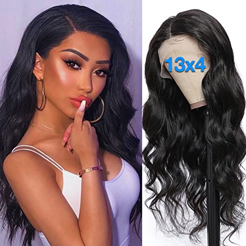 LAINSS 13x4 Lace Front Wigs Human Hair Pre Plucked, Transparent Lace Frontal Wig with Baby Hair 150% Density for Black Women, Natural Black Brazilian Body Wave Lace Front Human Hair(18'', Body Wave)