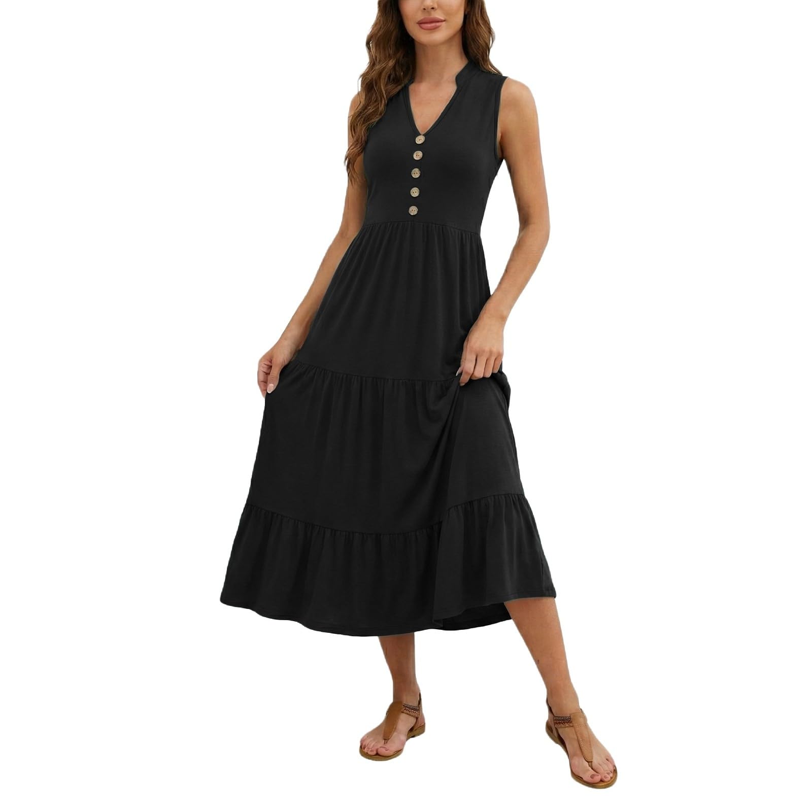 Generisch Ärmelloses, Plissiertes Maxikleid mit V-Ausschnitt, Knopfleiste und Knopfleiste – perfekt für jeden Anlass