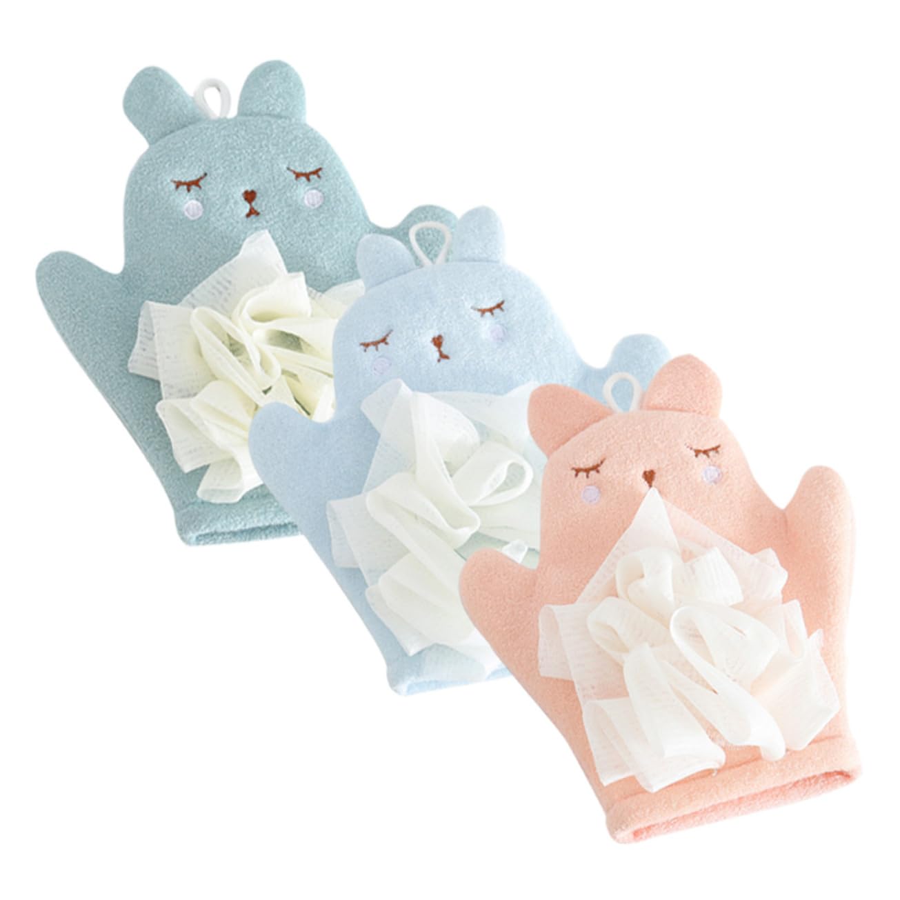 Guanto da Bagno Esfoliante Bunny 3 Pezzi in Fine Fiber Pe | Doppia Faccia, Polsini Elastici, Texture Morbida e Delicata, Facile da Pulire