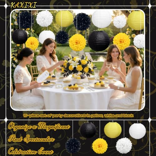 Image of KAXIXI 15-Pack Black Yellow Party Decorations, Paper Lanterns & Pom Poms